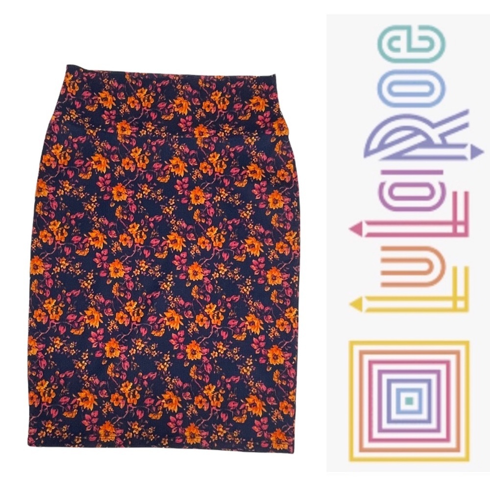 Lularoe Cassie Pencil Skirt- floral orange and navy print small